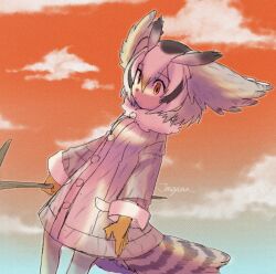  1girl bad_id bad_twitter_id bird_tail brown_coat closed_mouth cloud coat commentary cowboy_shot fur_collar gloves hair_between_eyes head_wings holding inactive_account jmeysan kemono_friends long_sleeves northern_white-faced_owl_(kemono_friends) orange_eyes orange_sky outdoors short_hair sky solo standing sunset symbol-only_commentary tail wings yellow_gloves 