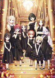  6+girls aqua_eyes arm_behind_back arms_under_breasts asymmetrical_dress bare_shoulders black_dress black_footwear black_gloves black_hair blonde_hair blue_eyes breasts brown_hair cleavage collarbone confetti cura dress fang flower formal gloves green_eyes hachiroku_(maitetsu) hair_between_eyes hair_ribbon half_updo halterneck hayase_fukami high_heels highres hinai_paulette houshou_kisaki indoors jewelry lace lace-trimmed_dress lace_trim long_hair looking_at_viewer maitetsu mary_janes medium_breasts medium_hair migita_hibiki migita_soutetsu mikuro_(maitetsu) multicolored_hair multiple_girls nakamura_chikage necklace non-web_source official_art open_mouth outstretched_arm own_hands_together photoshop_(medium) pink_hair purple_eyes red_eyes red_hair ribbon rose shoes short_hair short_sleeves sleeveless sleeveless_dress small_breasts smile strappy_heels sumi_(monobeno) two-tone_hair two_side_up v_arms very_long_hair w waving white_hair 