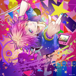  abstract_background album_cover blue_eyes blue_jacket copyright_name cover hakuseki hand_on_own_head handband jacket looking_at_viewer looking_up_at_viewer nail_polish pink_eyebrows pink_hair star_(symbol) television valshe  rating:General score:0 user:NeroRetr0