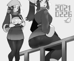 1girl akari_(pokemon) ass bandana breasts breasts_out breath cleavage collage commentary creatures_(company) dated english_commentary flashing floating_scarf game_freak greyscale grin highres looking_back medium_breasts monochrome nintendo nipples nyantcha on_railing pantyhose pantylines pokemon pokemon_legends:_arceus ponytail railing scarf sidelocks sitting smile solo wide_sleeves rating:Questionable score:242 user:danbooru