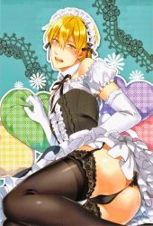  1boy alternate_costume ass bare_shoulders black_panties black_thighhighs blonde_hair blush crossdressing detached_collar earrings elbow_gloves enmaided frills garter_straps gloves heart heart-shaped_pillow highres jewelry kise_ryouta kuroko_no_basuke lace lace-trimmed_legwear lace_trim looking_at_viewer looking_back lying maid maid_headdress male_focus on_side panties pillow pillow_grab short_hair solo thighhighs thong trap underwear upskirt white_gloves yellow_eyes  rating:Questionable score:8 user:cookiezz