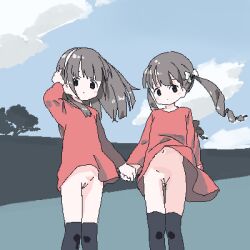  2girls black_eyes black_thighhighs blue_sky blush bottomless brown_hair cleft_of_venus closed_mouth cloud commentary dot_mouth expressionless feet_out_of_frame floating_hair hair_over_shoulder hairband hand_on_own_head hand_up holding_hands lokulo_no_mawashimono loli long_hair long_sleeves looking_at_viewer lowres multiple_girls navel no_panties original outdoors over-kneehighs pixel_art pussy red_sweater ringlets sky standing sweater thighhighs twintails white_hairband wind  rating:Explicit score:74 user:danbooru