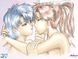  1990s_(style) 2girls bishoujo_senshi_sailor_moon blue_hair brown_hair hug kino_makoto mizuno_ami multiple_girls nude yuri  rating:Questionable score:8 user:marina_sama