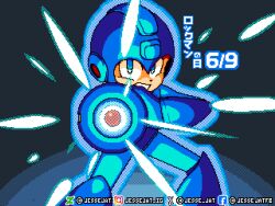  1boy absurdres aiming aiming_at_viewer arm_cannon blue_bodysuit blue_eyes blue_helmet bodysuit commentary cowboy_shot dated english_commentary helmet highres jesse_jat male_focus mega_buster mega_man_(character) mega_man_(series) mega_man_day pixel_art powering_up solo translation_request weapon 