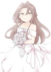  1girl akara_kai alternate_costume bare_shoulders bouquet brown_eyes brown_hair cowboy_shot dress flower hair_intakes highres holding holding_bouquet kantai_collection long_hair off-shoulder_dress off_shoulder simple_background smile solo white_background white_dress zuihou_(kancolle) 