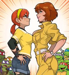  2girls akiman_pose april_o&#039;neil blue_eyes breast_conscious breast_contest breast_envy breast_press breasts brown_hair centinel303 closed_mouth confrontation cropped_legs donatello_(tmnt) eye_contact face-to-face faceoff from_side green_eyes hand_on_own_hip hands_on_own_hips height_difference highres jumpsuit large_breasts leonardo_(tmnt) looking_at_another medium_breasts michelangelo_(tmnt) multiple_boys multiple_girls navel pantyhose ponytail raphael_(tmnt) red_hair reporter ribbon rivalry short_hair simple_background smile smug standing stare_down sweatdrop teenage_mutant_ninja_turtles teenage_mutant_ninja_turtles_(2012) teenage_mutant_ninja_turtles_(80s) torn_clothes torn_pantyhose yellow_jumpsuit yellow_ribbon 