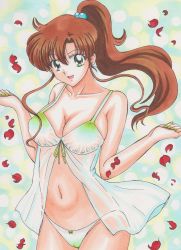  1girl :d absurdres babydoll bad_id bishoujo_senshi_sailor_moon bow bow_panties breasts brown_hair cameltoe cleavage earrings female_focus green_eyes hair_bobbles hair_ornament hands_up highres jewelry kino_makoto large_breasts lingerie looking_at_viewer nail_polish navel open_mouth panties petals ponytail rascal_(n119) sailor_jupiter smile solo underwear underwear_only  rating:Questionable score:71 user:virmegator