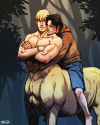 2boys bad_id bad_tumblr_id bara biceps black_hair blonde_hair bracelet centaur couple cris_art crossed_arms feet_out_of_frame forest head_on_another&#039;s_shoulder horseback_riding hug hug_from_behind hulkling jewelry long_sideburns male_focus marvel monsterification multiple_boys muscular muscular_male nature nude pectorals riding short_hair sideburns smile taur wiccan yaoi rating:Sensitive score:1 user:danbooru