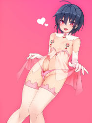  1boy :d ahoge bare_shoulders black_hair blush bow bow_panties commentary_request detached_collar dutch_angle ear_piercing elbow_gloves erection eyeliner from_below gloves hair_between_eyes heart highres knees_together_feet_apart looking_at_viewer makeup male_focus navel nipple_piercing nipples okuri_banto open_mouth original panties penis piercing pink_background pink_panties red_bow red_eyes see-through shiny_skin side-tie_panties simple_background smile solo standing thighhighs trap underwear white_gloves  rating:Explicit score:85 user:danbooru