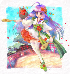  1girl ahoge blush breasts bridge commentary_request creature flower full_body gobaku_no_hito green_footwear green_sash hair_flower hair_ornament holding holding_paddle japanese_clothes kimono long_hair looking_at_viewer mahou_shoujo_taisen_contest_1 medium_breasts obi open_mouth paddle petals purple_eyes purple_hair red_flower ribbon-trimmed_sleeves ribbon-trimmed_thighhighs ribbon_trim sash shoes sidelocks smile solo sparkle thighhighs torii white_kimono white_thighhighs 