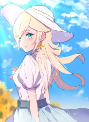  1girl alternate_costume ayaka_00709 blonde_hair blue_eyes blue_sky closed_mouth cloud commentary earrings eyes_visible_through_hair hat highres jewelry long_hair looking_back mario_(series) nintendo puffy_short_sleeves puffy_sleeves rosalina shirt short_sleeves skirt sky smile solo star_(symbol) star_earrings sun_hat symbol-only_commentary upper_body white_hat white_shirt 