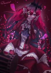  1girl absurdres artist_name baobhan_sith_(fate) baobhan_sith_(first_ascension)_(fate) bare_shoulders blush breasts detached_sleeves dress falling_petals fangs fate/grand_order fate_(series) frilled_dress frills gradient_background grey_eyes hair_ornament hands_on_own_face highres holding holding_weapon long_hair long_sleeves looking_at_viewer mallet medium_breasts munerinrakugaki open_mouth petals pink_hair pointy_ears red_background red_dress smile solo stake weapon 