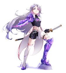  1girl absurdres alternate_costume alternate_form alternate_hairstyle armor colored_inner_hair grey_hair highres holding holding_sword holding_weapon hololive hololive_english horns jewel_under_eye katana koseki_bijou long_hair multicolored_hair navel ootoii open_mouth purple_eyes sheath sheathed single_horn smile solo sword torn_clothes virtual_youtuber weapon  rating:General score:4 user:danbooru