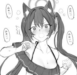  1girl @_@ animal_ear_fluff animal_ears bikini black_bikini blue_archive blush cat_ears collarbone embarrassed extra_ears frilled_bikini frills greyscale halo highres inotukuhito monochrome official_alternate_costume serika_(blue_archive) serika_(swimsuit)_(blue_archive) simple_background solo speech_bubble swimsuit translated twintails upper_body white_background 