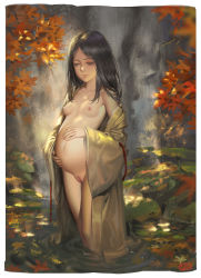  1girl alphonse_(white_datura) armpit_peek black_hair blurry blurry_background breasts censored cleft_of_venus collarbone divine_child_of_rejuvenation female_focus functionally_nude half-closed_eyes highres holding_stomach japanese_clothes kimono leaf loli long_hair looking_down mosaic_censoring naked_kimono navel open_clothes open_kimono outdoors partially_submerged pregnant pussy ripples rock sekiro:_shadows_die_twice small_breasts smile solo standing stomach sunlight wading water  rating:Explicit score:205 user:danbooru