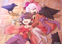  2girls animal_ears bird black_cat black_wings blush bow brown_hair cat cat_ears cat_girl closed_eyes commentary_request crow full_body h.b hat highres ichihime indie_virtual_youtuber japanese_clothes kimono long_sleeves mahjong mahjong_soul mahjong_tile medium_bangs multiple_girls no_shoes open_mouth orange_kimono pink_kimono purple_skirt red_bow red_hat red_skirt ribbon-trimmed_thighhighs ribbon_trim senba_kurono short_hair skirt sleeping thighhighs tokin_hat virtual_youtuber white_thighhighs wide_sleeves wings wooden_floor zzz 