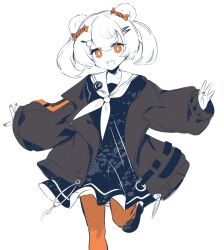  1girl animal_ears arknights badge bear_ears bright_pupils brown_jacket button_badge collarbone foot_out_of_frame gummy_(arknights) jacket long_sleeves orange_eyes orange_nails orange_thighhighs outstretched_arms partially_colored sailor_collar short_hair simple_background skirt sleeves_past_wrists solo thighhighs twintails yun_(dust-i1) 