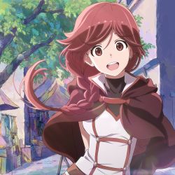  10s 1girl absurdres braid collar hai_to_gensou_no_grimgar hair_over_shoulder highres long_hair looking_at_viewer official_art open_mouth red_eyes red_hair single_braid smile solo yume_(grimgar)  rating:Sensitive score:43 user:danbooru