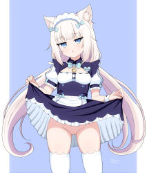  1girl absurdres animal_ear_fluff animal_ears apron artist_name audirenze bar_censor bell black_skirt blue_background blue_bow blue_bowtie blue_eyes blunt_bangs blush border bow bowtie breasts buttons cat_ears cat_girl censored character_name chestnut_mouth cleavage_cutout cleft_of_venus clothes_lift clothing_cutout commentary eyelashes feet_out_of_frame frilled_skirt frills gluteal_fold groin hair_bow hands_up heart-shaped_ornament heart_button highres jingle_bell jitome lifted_by_self long_hair looking_at_viewer low_twintails maid maid_headdress neck_bell nekopara no_panties open_mouth puffy_short_sleeves puffy_sleeves pussy raised_eyebrows shirt short_sleeves shy sidelocks simple_background skindentation skirt skirt_lift slit_pupils small_breasts solo standing thighhighs thighs twintails twitter_username underwear vanilla_(nekopara) very_long_hair waist_apron waitress white_apron white_border white_hair white_shirt white_thighhighs white_wrist_cuffs wrist_cuffs 