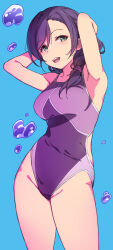  1girl armpits arms_behind_head blue_background breasts competition_swimsuit duke_(inu_daimyou) green_eyes long_hair looking_at_viewer love_live! love_live!_school_idol_project medium_breasts one-piece_swimsuit open_mouth purple_hair purple_one-piece_swimsuit simple_background solo standing swimsuit teeth thighs tojo_nozomi upper_teeth_only 