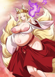  1girl absurdres animal_ear_fluff animal_ears big_belly blonde_hair blush breasts breasts_out closed_mouth curvy diadem energy feet_out_of_frame female_focus fox_ears fox_girl fox_tail high_school_dxd highres hikimayu hip_vent huge_breasts huge_nipples japanese_clothes kitsune kobayashi_tetsuya kyuubi large_areolae large_nipples large_tail long_hair magic mature_female miko multiple_tails navel nipple_slip nipples no_bra no_panties outie_navel outstretched_hand plump pregnant puffy_areolae puffy_nipples shiny_skin sidelocks smile solo tail thick_eyebrows thick_thighs thighs tiara wide_hips yasaka_(high_school_dxd) yellow_eyes 