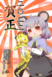  1girl animal animal_ears artist_name blush breasts capelet colored_skin confetti crystal dress fang futa_(nabezoko) gradient_background grey_dress grey_hair hands_up jewelry long_sleeves looking_at_another looking_down looking_to_the_side medium_breasts mouse_ears multicolored_background nazrin necklace orange_background pink_background puffy_long_sleeves puffy_sleeves red_background red_eyes shirt short_hair smile standing striped sun_symbol tail teeth tiger tiger_ears tiger_tail tongue toramaru_shou toramaru_shou_(tiger) touhou white_background white_eyes white_shirt yellow_skin 