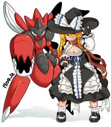  1girl apron black_gloves black_hair black_headwear blonde_hair blue_ribbon bow braid breasts center_frills cleavage cleavage_cutout closed_mouth clothing_cutout commentary_request cookie_(touhou) creatures_(company) dated dress expressionless frills full_body game_freak gen_2_pokemon gloves hair_between_eyes hand_on_headwear hat hat_bow highres holding holding_poke_ball kirisame_marisa large_breasts long_bangs long_hair looking_at_viewer mars_(cookie) mega_pokemon mega_scizor nintendo partially_fingerless_gloves poke_ball pokemon pokemon_(creature) rei_no_himo ribbon scizor shirt shoes simple_background socks standing tetugakuzonbi touhou waist_apron white_background white_bow white_shirt white_socks witch_hat yellow_eyes 