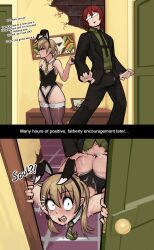  1boy 1girl 2koma absurdres animal_ears ass black_leotard blonde_hair blush boxman breasts brown_hair bulge caught cheating_(relationship) clothing_cutout comic cum cum_on_ass cum_on_clothes doorway english_text fake_animal_ears father_and_daughter formal green_eyes green_necktie heart_cutout hetero highres incest indoors leotard looking_at_viewer maka_albarn medium_hair necktie netorare cum_overflow playboy_bunny rabbit_ears sex sex_from_behind short_hair small_breasts solo_focus soul_eater spirit_albarn standing standing_sex stomach_cutout strapless strapless_leotard suit surprised sweat thick_thighs thighs twintails walk-in wide_hips  rating:Explicit score:736 user:danbooru