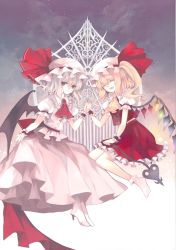  2girls absurdres ascot bat_wings blonde_hair crystal closed_eyes family fang flandre_scarlet frilled_skirt frills full_body hat hat_ribbon high_heels highres hina_(pico) holding_hands laevatein light_purple_hair long_skirt looking_at_viewer mob_cap multiple_girls open_mouth ponytail puffy_sleeves red_eyes remilia_scarlet ribbon scan shirt short_hair short_sleeves siblings side_ponytail sisters skirt skirt_set smile socks touhou vest white_legwear wings wrist_cuffs 