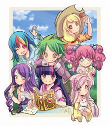  1boy 6+girls :3 :d ;d ahoge angel_(my_little_pony) animification applejack aqua_eyes arm_up bare_shoulders blonde_hair blue_eyes blue_hair blunt_bangs book bow bracelet cloud cowboy_hat cowboy_western day everyone fang feathers fluttershy frills front_ponytail gem green_eyes green_hair hair_bobbles hair_ornament hairband hairclip hat heart holding hood hoodie jacket jewelry jpeg_artifacts leaning lightning_bolt_symbol long_hair looking_at_viewer low-tied_long_hair md5_mismatch multicolored_hair multiple_girls my_little_pony my_little_pony:_friendship_is_magic one_eye_closed open_mouth paper personification pink_hair pinkie_pie ponytail puffy_sleeves purple_eyes purple_hair rabbit rainbow_dash rainbow_hair rarity_(my_little_pony) red_eyes ringlets scarf school_uniform serafuku shorts signature sleeves_rolled_up smile spike_(my_little_pony) streaked_hair swept_bangs tareme tsurime twilight_sparkle twintails v waiwaiwai wink writing zipper  rating:General score:86 user:Informacide