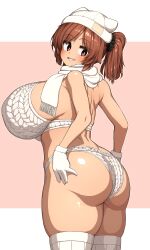  1girl absurdres ass blush breasts brown_eyes brown_hair commentary from_side gloves hat highres huge_breasts looking_at_viewer maki_(makino_momiji) makino_momiji_(artist) meme_attire original panties pink_background scarf simple_background smile solo thighhighs twintails underwear white_gloves white_hat white_panties white_scarf white_thighhighs  rating:Sensitive score:9 user:danbooru