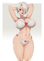  1girl arms_behind_head blue_eyes bra breasts cleavage highres isabella_valentine large_breasts lipstick makeup panties short_hair soul_calibur thick_thighs thighs underwear white_hair whysoblau  rating:Sensitive score:23 user:CovArd