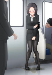  1girl bag black_footwear black_hair black_jacket black_pantyhose black_skirt blush breasts collared_shirt crying door embarrassed forehead full_body half-closed_eyes handbag have_to_pee highres holding_own_arm indoors jacket knees_together_feet_apart long_sleeves looking_down maanii medium_breasts miniskirt nose_blush office_lady open_mouth original pantyhose pee peeing peeing_self pencil_skirt people pigeon-toed puddle purple_eyes shirt shoes short_hair sidelocks skirt skirt_tug solo_focus standing sweat tears train_interior wet wet_clothes white_shirt window  rating:Questionable score:102 user:AngryZapdos
