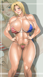 1girl abs american_flag_bikini american_flag_swimsuit bikini blonde_hair blue_eyes blush breasts dead_or_alive flag_print hideaki_honjou highres huge_breasts muscular nipple_slip nipples pubic_hair swimsuit tecmo thick_thighs thighs tina_armstrong wet rating:Explicit score:30 user:Tairon
