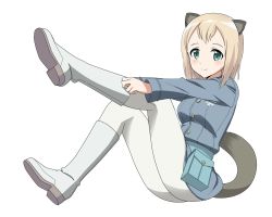 1girl animal_ears anime_coloring birthday blonde_hair blush boots commentary elma_leivonen green_eyes highres kaneko_(novram58) knee_boots light_smile looking_at_viewer looking_to_the_side medium_hair mink_girl pantyhose pouch putting_on_shoes simple_background sitting solo strike_witches:_suomus_misfits_squadron tail uniform white_background white_pantyhose world_witches_series