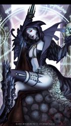 boots breasts cleavage cloak frills guardian_cross hood legs crossed_legs looking_at_viewer red_eyes skull square_enix staff thighhighs witch  rating:Questionable score:11 user:polycount