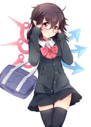  1girl :o adapted_costume ahoge asymmetrical_wings bag bespectacled black_thighhighs blush brown_hair collared_shirt contemporary glasses highres houjuu_nue igayan messy_hair miniskirt pleated_skirt pointy_ears red_eyes school_uniform semi-rimless_eyewear shirt skirt sleeves_past_wrists sweater thighhighs touhou wings  rating:Sensitive score:15 user:danbooru