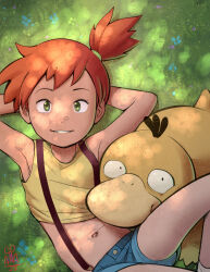  1girl apparatus_(azkv8445) armpits arms_behind_head bare_arms blue_shorts commentary creatures_(company) day english_commentary eyelashes game_freak gen_1_pokemon grass green_eyes grin lying misty_(pokemon) navel nintendo on_back one_side_up orange_hair outdoors pokemon pokemon_(anime) pokemon_(classic_anime) pokemon_(creature) psyduck shirt short_shorts shorts signature sleeveless sleeveless_shirt smile suspenders teeth yellow_shirt  rating:Sensitive score:23 user:danbooru