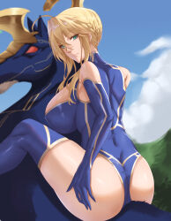 1girl absurdres ahoge artoria_pendragon_(fate) artoria_pendragon_(lancer)_(fate) ass back bare_shoulders blonde_hair blue_gloves blue_leotard blue_sky blue_thighhighs braid breasts cleavage_cutout clothing_cutout elbow_gloves fate/grand_order fate_(series) freed_turing french_braid gloves green_eyes hair_between_eyes highleg highleg_leotard highres horse horseback_riding large_breasts leotard long_hair looking_at_viewer looking_back riding sidelocks sky thighhighs thighs rating:Sensitive score:30 user:danbooru