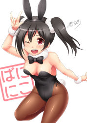  10s 1girl animal_ears black_bow black_bowtie black_hair black_leotard bow bowtie breasts brown_pantyhose cleavage cowboy_shot fake_animal_ears hair_ornament hair_scrunchie highres leotard love_live! love_live!_school_idol_project m/ nico_nico_nii one_eye_closed open_mouth pantyhose playboy_bunny rabbit_ears rabbit_girl rabbit_tail red_eyes scrunchie signature small_breasts smile solo strapless strapless_leotard surume_(clavis) tail twintails white_background wrist_cuffs wrist_scrunchie yazawa_nico 