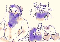  2boys bara beard blush character_request check_character collage cropped_torso demodori_yaesu dungeon_meshi dwarf facial_hair fake_horns from_side gillin_(dungeon_meshi) helmet holding holding_ladle horned_helmet horns ladle limited_palette long_beard male_focus multiple_boys mustache navel profile sauna senshi_(dungeon_meshi) smirk sweat thick_mustache topless_male translation_request very_long_beard 