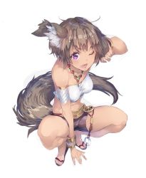 10s 1girl ;d animal_ears arm_support arm_up armband bare_legs bracelet brown_hair dark-skinned_female dark_skin elbia_hernaiman jewelry looking_at_viewer midriff navel necklace one_eye_closed open_mouth outbreak_company purple_eyes sandals short_hair short_shorts shorts simple_background smile solo squatting strapless tail tube_top white_background yuugen 