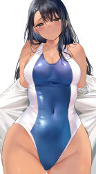 1girl aged_up alternate_breast_size asymmetrical_bangs black_hair blue_one-piece_swimsuit blush breasts brown_eyes cleavage competition_school_swimsuit competition_swimsuit dark-skinned_female dark_skin fang gluteal_fold hair_ornament hairclip half-closed_eyes highres ijiranaide_nagatoro-san long_hair looking_at_viewer marushin_(denwa0214) medium_breasts nagatoro_hayase one-piece_swimsuit school_swimsuit shiny_skin skin_fang skin_tight solo standing swimsuit swimsuit_under_clothes tan thighs wet wide_hips rating:Questionable score:199 user:danbooru