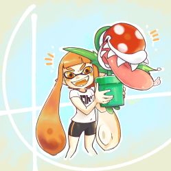 &gt;:d 1girl bad_id bad_twitter_id bike_shorts blunt_bangs blush fangs gradient_background highres holding inkling inkling_girl inkling_player_character mario_(series) mask nintendo open_mouth orange_eyes orange_hair piranha_plant plant pointy_ears saliva shirt sidelocks smile super_smash_bros. t-shirt tentacle_hair thick_eyebrows tongue tongue_out v-shaped_eyebrows white_shirt yellow_kirby
