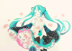  1girl artist_request detached_sleeves closed_eyes frills hatsune_miku smile thighhighs twintails  rating:Sensitive score:1 user:KaworuIsMyNigga