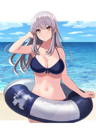  1girl alternate_costume bare_arms bare_shoulders beach bikini blue_bikini blue_sky breasts cleavage closed_mouth cloud cloudy_sky collarbone commentary_request cowboy_shot final_fantasy final_fantasy_brave_exvius glaciela_wezette grey_hair halterneck hand_up highres hirono_(hxze4434) horizon innertube large_breasts light_blush long_hair navel ocean outdoors red_eyes sand sidelocks sky smile solo stomach swim_ring swimsuit war_of_the_visions:_final_fantasy_brave_exvius 