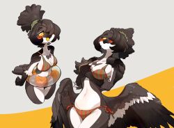  1girl beak bikini bird_girl bird_tail bird_wings black_hair breast_hold breasts bright_pupils bul_(moiko) collarbone cowboy_shot cropped_legs feathered_wings feathers furry furry_female grey_background hair_over_one_eye highres innertube laurel_crown long_hair looking_at_viewer low_wings multiple_views navel one_eye_covered open_mouth orange_nails original simple_background standing striped_bikini striped_clothes swept_bangs swim_ring swimsuit tail two-tone_background updo white_pupils wings yellow_background yellow_eyes 