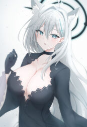  1girl :o absurdres animal_ear_fluff animal_ears black_choker black_dress black_gloves black_halo blue_archive blue_eyes breasts bright_pupils choker cross cross_hair_ornament dress extra_ears gloves grey_hair hair_between_eyes hair_ornament halo highres inverted_cross large_breasts long_hair long_sleeves mismatched_pupils plunging_neckline shiroko_(blue_archive) shiroko_terror_(blue_archive) solo very_long_hair wachikumori white_pupils wide_sleeves wolf_ears wolf_girl 