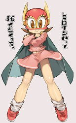  1girl :&gt; blue_cape blush brown_hair cape closed_mouth clothes_lift crossed_arms eyelashes facing_away flipped_hair full_body gluteal_fold helmet hoshino_sumire legs legs_apart loafers long_sleeves looking_at_viewer loose_socks miniskirt navel orange_eyes outline paako perman_(series) pink_shirt pink_skirt red_footwear red_headwear shiny_skin shirt shoes short_hair silver_background simple_background skirt skirt_lift skirt_set smile socks solo standing text_focus translated white_outline white_socks wind wind_lift ysk!  rating:Sensitive score:5 user:danbooru