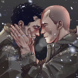  2boys artist_request bara beard_stubble buzz_cut call_of_duty call_of_duty:_modern_warfare_3 closed_eyes couple facial_hair forehead-to-forehead from_side hands_on_another&#039;s_cheeks hands_on_another&#039;s_face heads_together looking_at_another male_focus mature_male milena_romanova military_uniform multiple_boys mustache_stubble profile receding_hairline short_hair sideburns_stubble snowing sparse_stubble stubble thick_arm_hair uniform upper_body very_short_hair vladimir_r_makarov yaoi 
